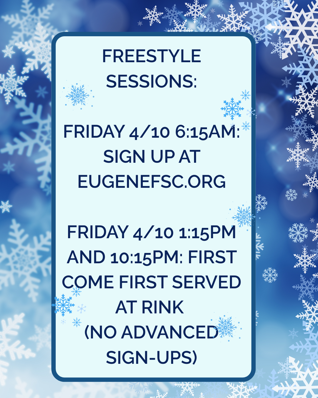 FREESTYLE SESSIONS FOR FRIDAY, APRIL 10TH